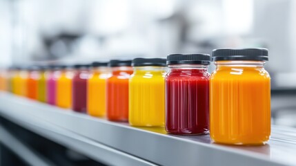 Colorful Array of Jars Filled with Vibrant Liquids Displaying Shades of Red Blue Yellow Green Creating an Artistic and Cheerful Ambiance