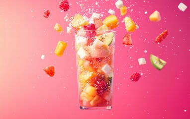 A colorful smoothie in a tall glass, hovering mid-air with fruit chunks in motion, on a bright pink background