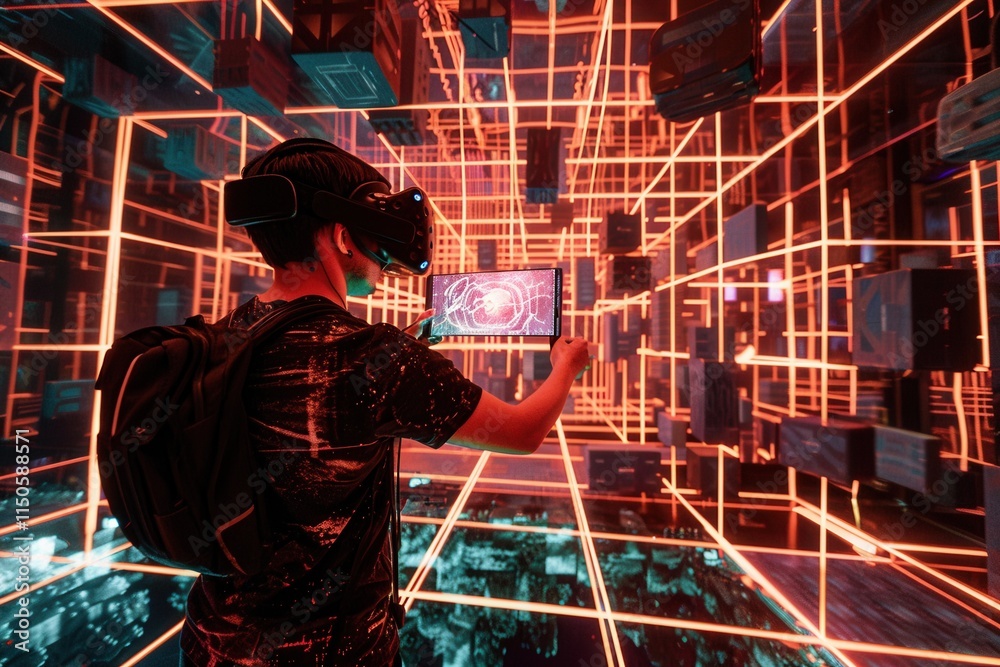 Aufkleber immersive virtual reality experience with vibrant neon lights in a tech-inspired environment