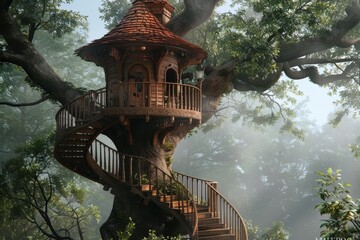 Charming wooden treehouse with spiral staircase nestled in a lush green forest during early morning sunlight