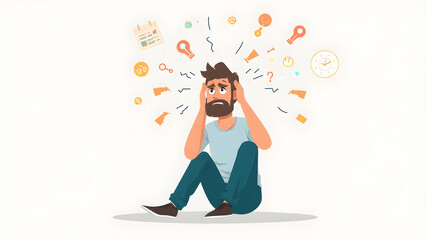 The concept of depression, frustration, many thoughts. social and mental health issues. life matters A man sits down and thinks about complex things. illustration concept design. Generative AI