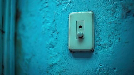 Old light switch on a blue wall.
