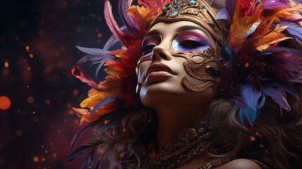 Naklejka premium Stunning portrait of a woman in elaborate Mardi Gras costume with colorful feathers and mask
