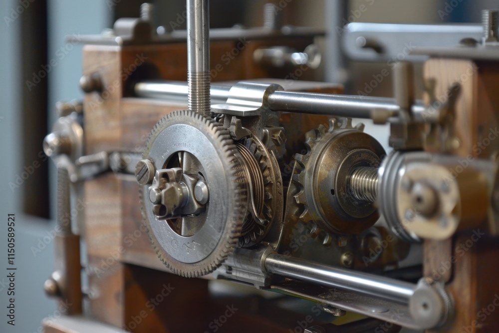 Poster Close-up view of intricate gears and machinery components in a workshop environment showcasing engineering details