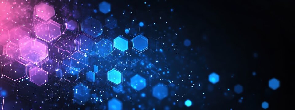 Background hexagon abstract blue texture purple tech neon dark pattern. Chemistry hexagon futuristic background abstract medical cell geometric data future technology digital honeycomb dna wallpaper.