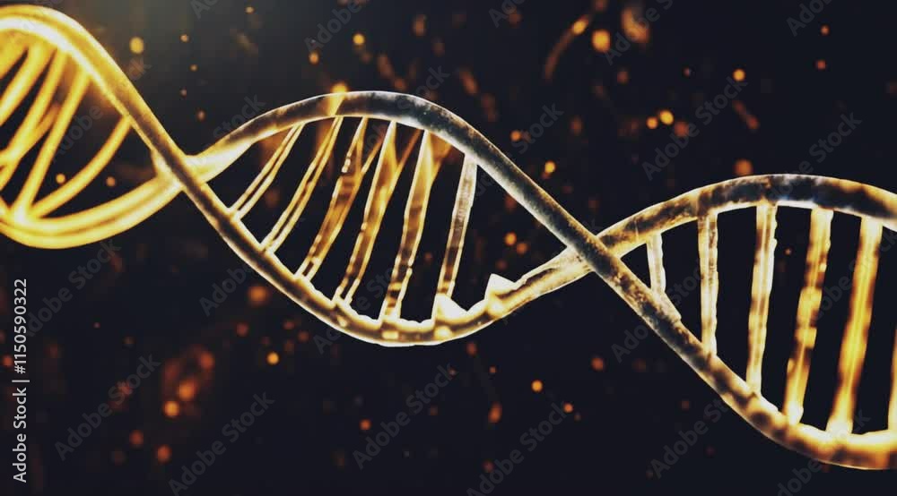Poster  golden DNA double helix structure with glowing particles on futuristic background