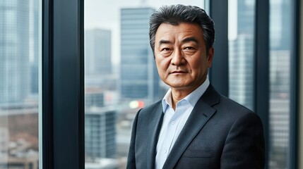 Fototapeta premium Focused Chinese businessman in a modern office, standing before a window with skyscrapers and urban activity in the background.