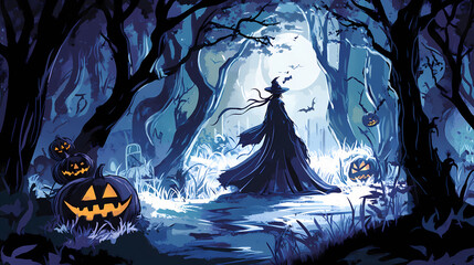Dark forest shadows of all hallows eve. Hallowed. Illustration