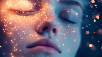 A blissful face with closed eyes surrounded by soft glowing stars.