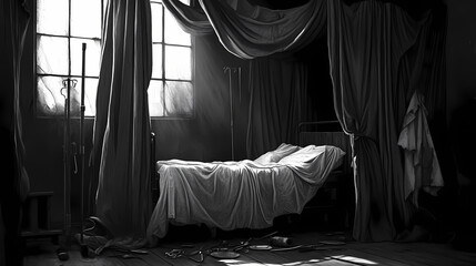 Dark gothic hospital ward on all hallows eve with tattered curtains and scattered surgical tools. Hallowed. Illustration