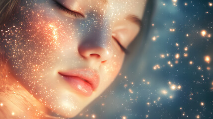 A blissful face with closed eyes surrounded by soft glowing stars.