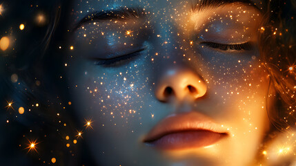 A blissful face with closed eyes surrounded by soft glowing stars.