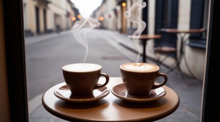 Fototapeta premium Two steaming coffee cups with heart-shaped latte art sitting on a small round café table by a window overlooking a quiet street with a romantic ambiance. 