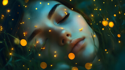 A blissful face with closed eyes surrounded by soft glowing stars.