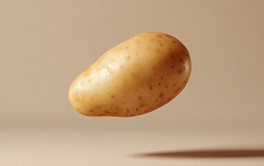 A golden potato levitating mid-air with its skin glistening, on a neutral beige background