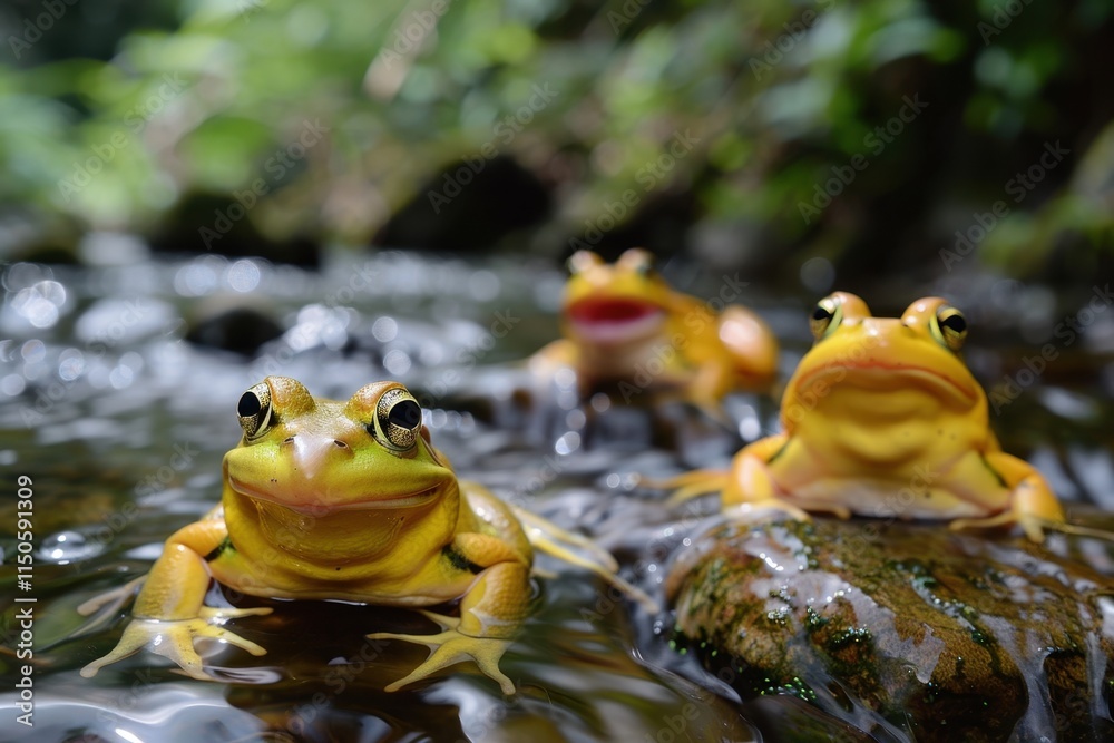 Aufkleber colorful frogs resting on rocks in a serene stream surrounded by lush greenery during a sunny day in