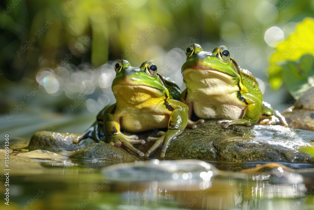 Aufkleber colorful frogs resting on rocks in a serene stream surrounded by lush greenery during a sunny day in