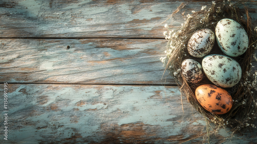 Aufkleber pastel-colored easter eggs sitting on a straw nest with white flowers, adding a cozy and festive tou