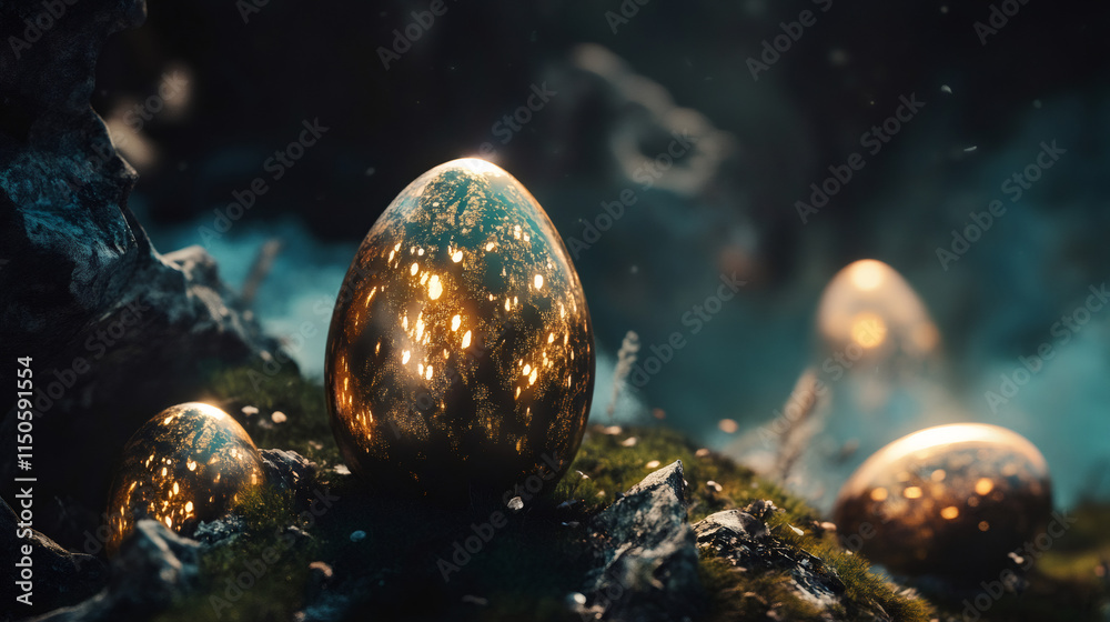 Poster golden easter eggs glowing on a mossy surface, creating a magical atmosphere in a fantasy setting