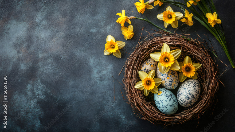Poster Easter eggs and daffodils creating a spring and festive arrangement on a dark textured background