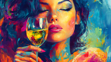 A bright painting of a stylish woman with a glowing wine glass in her hand.