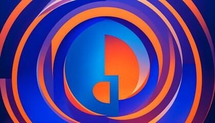 Fototapeta premium Abstract design with concentric circles in blue and orange shades on a dark background. The central part of the image contains a stylized letter “D” in bright colors.