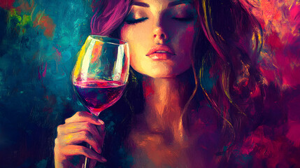 A bright painting of a stylish woman with a glowing wine glass in her hand.