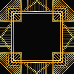 Vector decorative gold frame on black background. Art Deco square linear border for social media, post card, banner