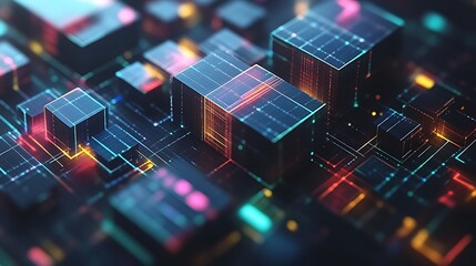 Abstract Digital Cubes Illuminated Neon Network