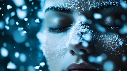 A calm face with closed eyes framed by delicate falling snow under a cold blue light.