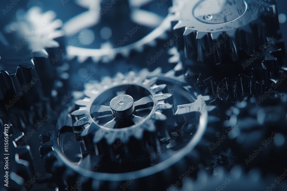 Leinwandbilder Gears interlocking in a mechanical setup illuminated with vibrant colors, showcasing intricate designs and textures in a dynamic arrangement