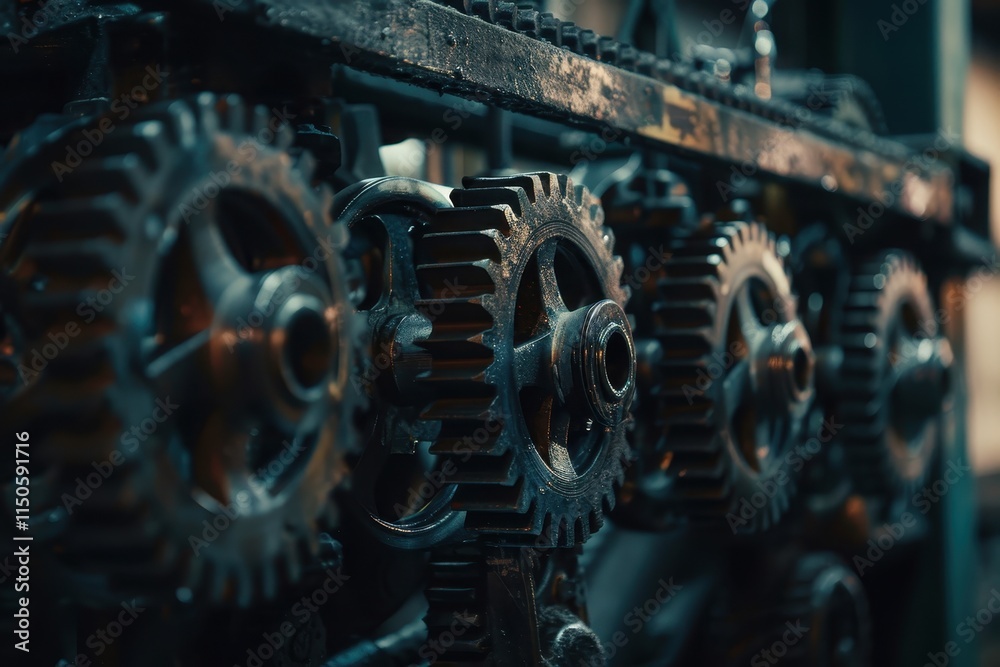 Poster Gears interlocking in a mechanical setup illuminated with vibrant colors, showcasing intricate designs and textures in a dynamic arrangement