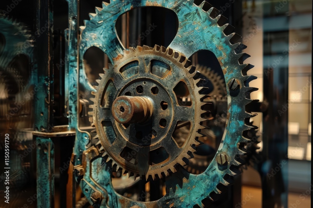 Poster Gears interlocking in a mechanical setup illuminated with vibrant colors, showcasing intricate designs and textures in a dynamic arrangement