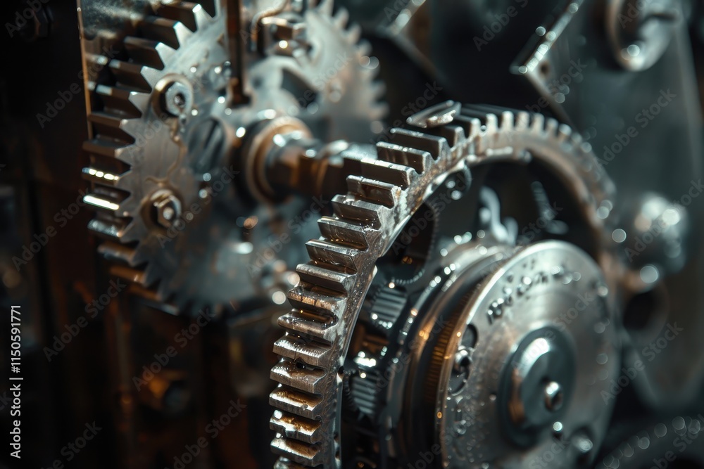 Poster close-up view of a metallic gear with water droplets highlighting the intricate details, captured in