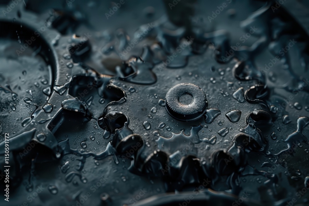 Poster close-up view of a metallic gear with water droplets highlighting the intricate details, captured in