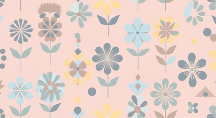 Delicate floral pattern in pastel colors.  Abstract flowers and geometric shapes on a light pink background.  Muted tones of light teal, light blue, and light yellow. Seamless.