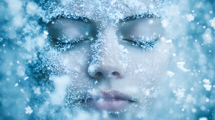 A calm face with closed eyes framed by delicate falling snow under a cold blue light.