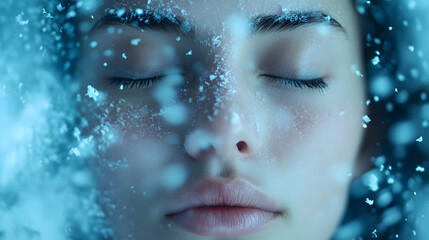 A calm face with closed eyes framed by delicate falling snow under a cold blue light.