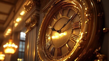 Ornate gold clock face in a grand interior.
