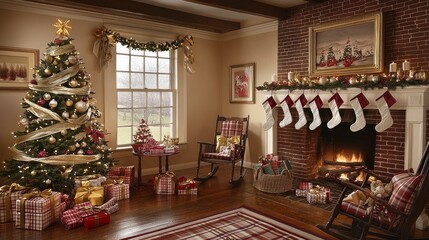 Cozy Christmas Living Room with Decorated Tree and Fireplace