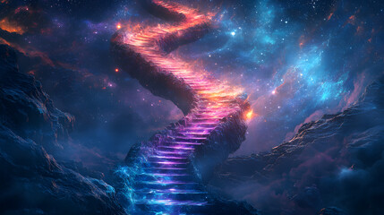 A celestial stairway made of glowing crystals spiraling into a radiant nebula.