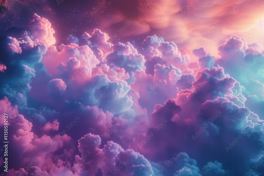 Poster vibrant blue clouds illuminated by light beams create a surreal, otherworldly atmosphere in a digita