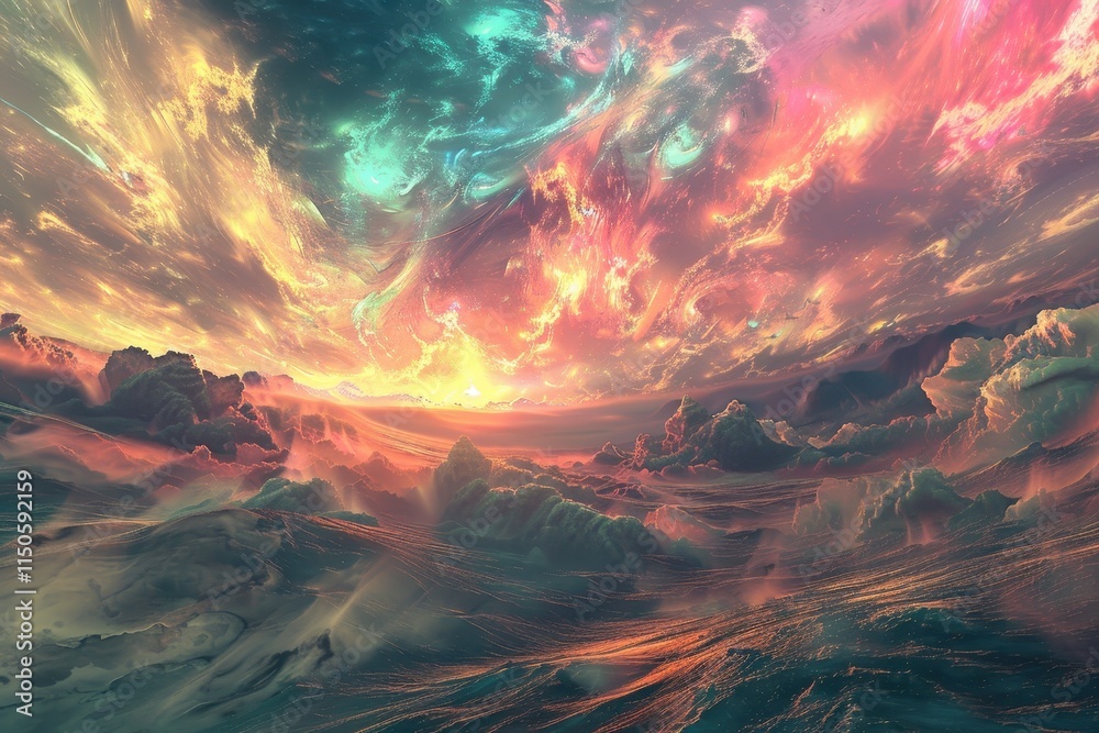 Poster vibrant blue clouds illuminated by light beams create a surreal, otherworldly atmosphere in a digita