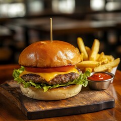 A gourmet burger with a juicy beef patty, lettuce, tomato
