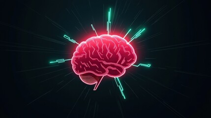 Fototapeta premium Vibrant Neon Brain Illustration with Striking Red Light Accents Portraying Creativity Intelligence and Modern Concepts of Neurotechnology and Mind Mapping