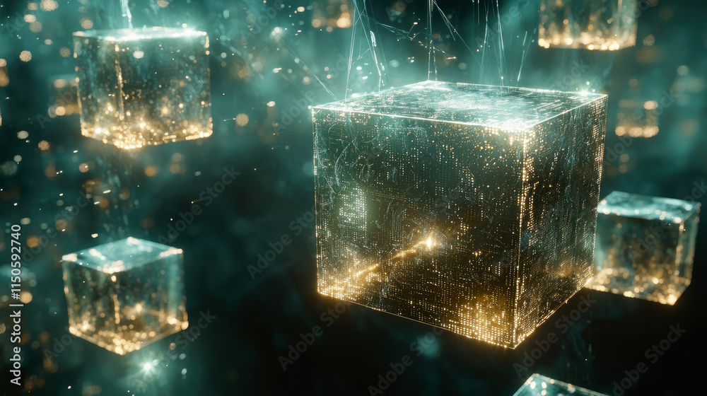 Wall mural digital cubes glowing with cyber energy hovering in abstract dark cyberspace, futuristic data blocks