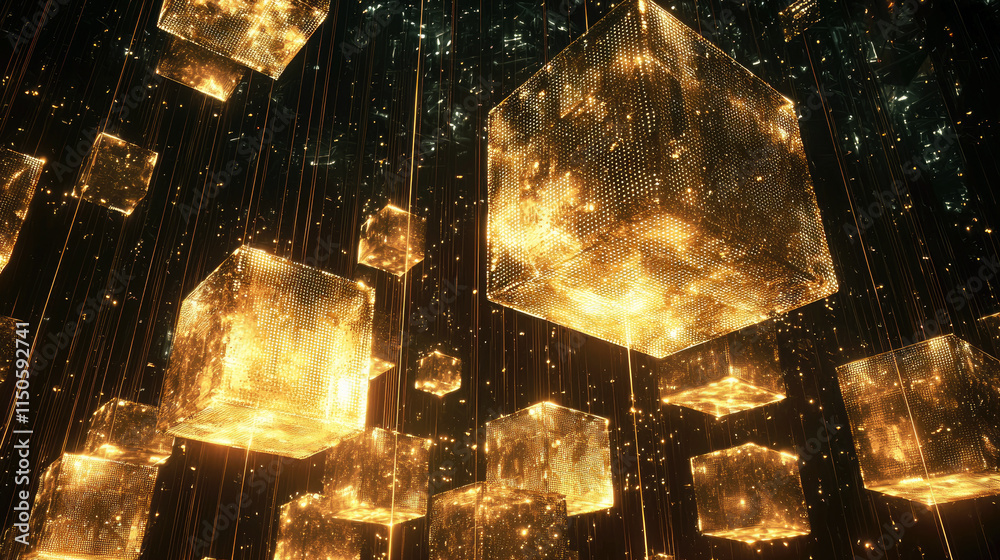 Sticker digital cubes glowing with yellow light of cyber energy hovering in dark cyberspace, futuristic data