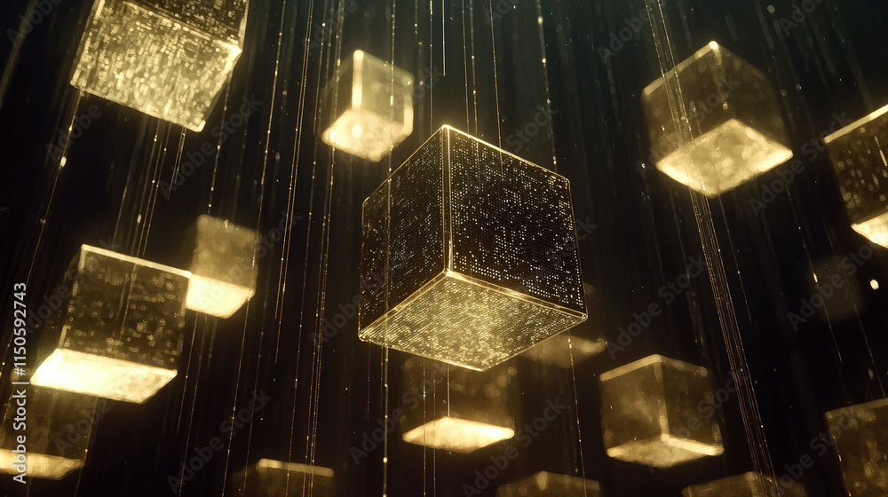 Wall mural digital golden cubes glowing with yellow light of cyber energy in dark cyberspace, futuristic data b