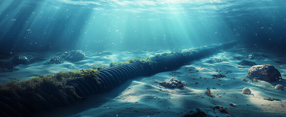 Fototapeta premium Internet cable on bottom of sea, panoramic view of communication line underwater, fish and seaweed in ocean. Concept of submarine, undersea, data