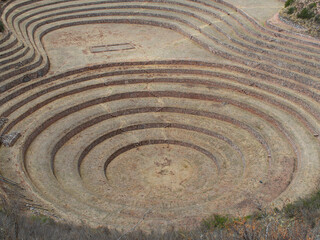 View of the terraces of Moray Sacred valley of the incas in Peru